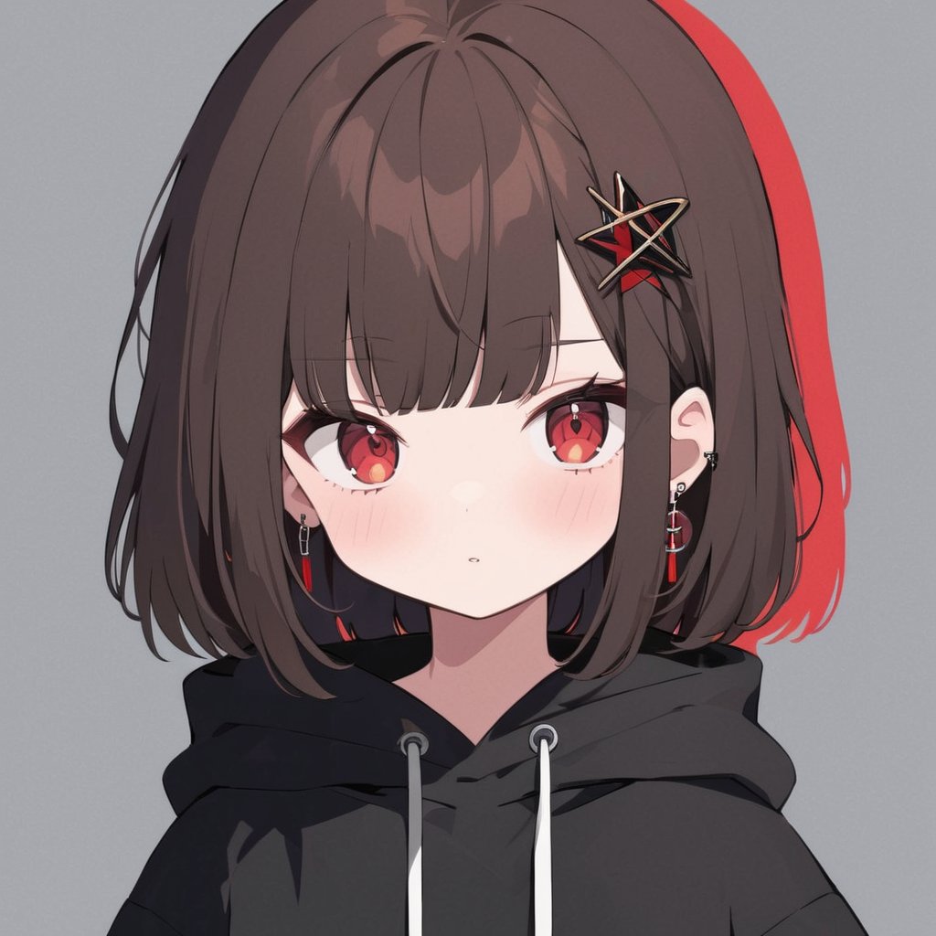 girl, chara, red eyes , dark brown short hair, red pentagram pin in hair, big black hoodies, black socs, hell background,txznflat,txznf