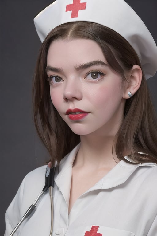 (masterpiece, high quality, 8K, high resolution), (dressed as a nurse), ultra detailed illustration, incredibly beautiful Anya Taylor, delicated face, full body, light brown hair, bright brown eyes, relaxing poses, portrait