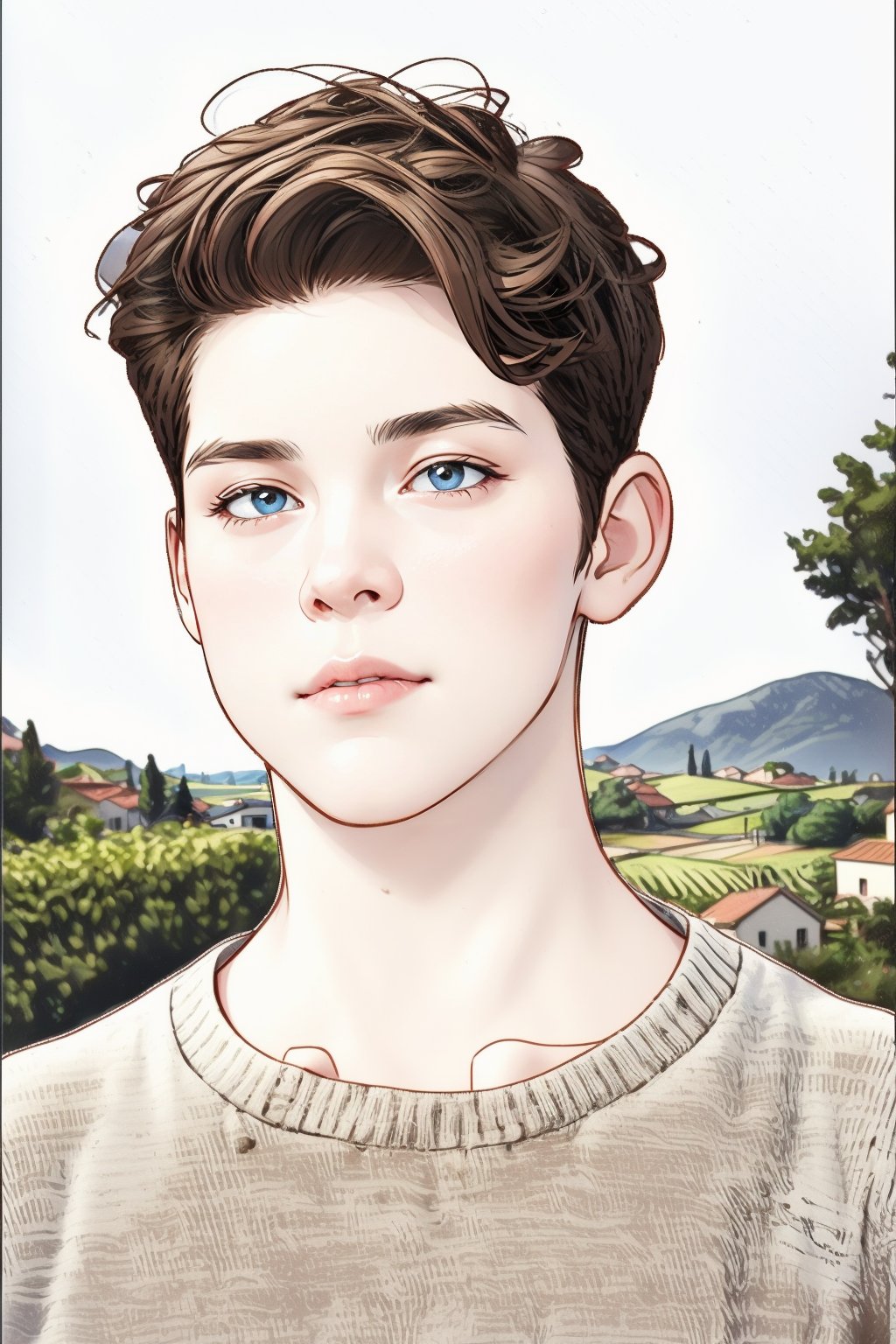 God Dioniso. Young 16yo_guy. Laurel wreath. Vineyard. Grapes. Celestial Pose, lora:more_details:0.5, pencil, gouache, Crayon, chalk, lineart:0.5. Hellenic God. Hellenic landscape vineyard 