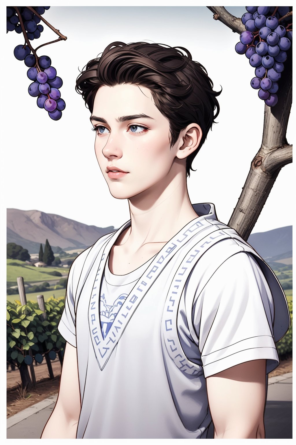 God Dioniso. Young 16yo_guy. Laurel wreath. Vineyard. Grapes. Celestial Pose, lora:more_details:0.5, pencil, gouache, Crayon, chalk, lineart:0.5. Hellenic God. Hellenic landscape vineyard 