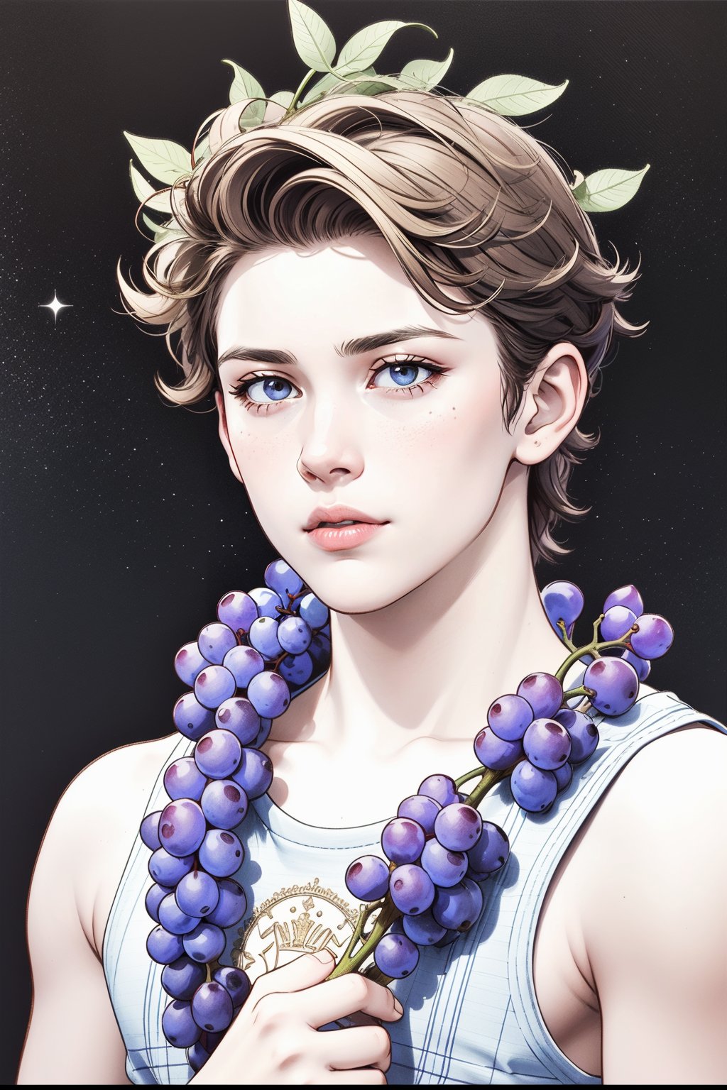 God Dioniso. Young 16yo guy. Laurel wreath. Vineyard. Grapes. Celestial Pose, lora:more_details:0.5, pencil, gouache, Crayon, chalk, lineart:0.5