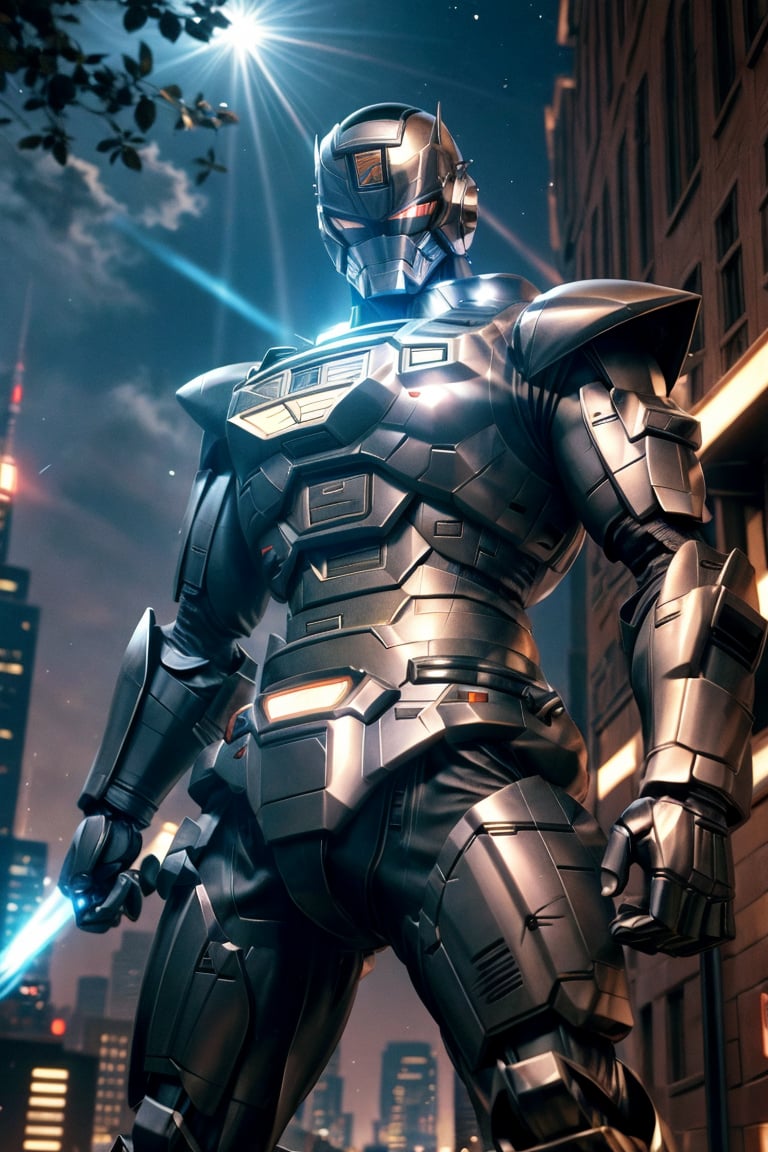 1man, silver color, black color,hyper HD, 4K, tokusatsu, His hyper-realistic appearance, captured in stunning 4K definition, leaves the crowd in awe. Witness the famous scenes of this mechanical marvel in action, as he defends against the darkness that threatens humanity, his hyper-detailed armor gleaming under the city lights.,mecha,uchukeiji