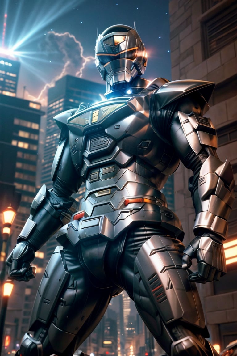 1man, silver color, black color,hyper HD, 4K, tokusatsu, His hyper-realistic appearance, captured in stunning 4K definition, leaves the crowd in awe. Witness the famous scenes of this mechanical marvel in action, as he defends against the darkness that threatens humanity, his hyper-detailed armor gleaming under the city lights.,mecha,uchukeiji