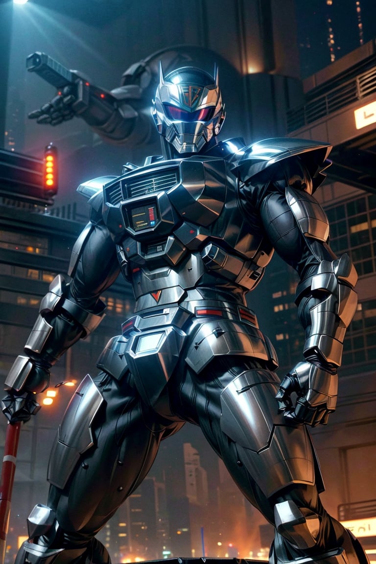 1man, silver color, black color,hyper HD, 4K, tokusatsu, His hyper-realistic appearance, captured in stunning 4K definition, leaves the crowd in awe. Witness the famous scenes of this mechanical marvel in action, as he defends against the darkness that threatens humanity, his hyper-detailed armor gleaming under the city lights.,mecha,uchukeiji