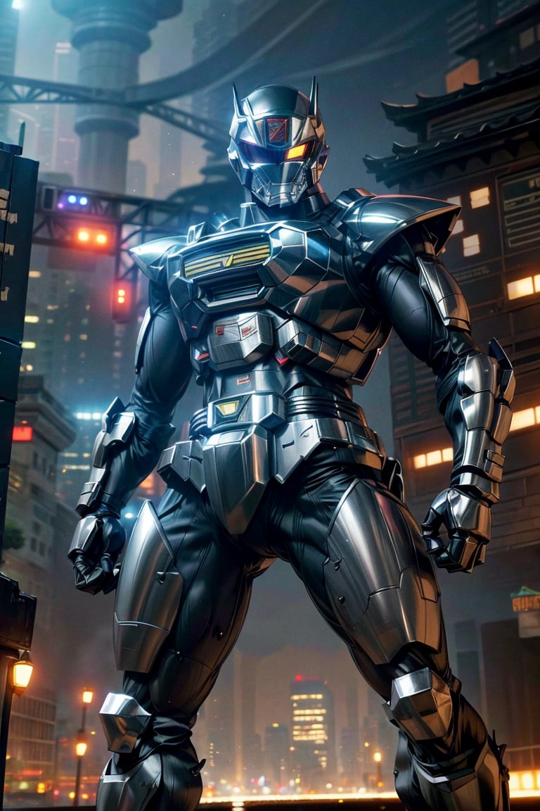 1man, silver color, black color,hyper HD, 4K, tokusatsu, His hyper-realistic appearance, captured in stunning 4K definition, leaves the crowd in awe. Witness the famous scenes of this mechanical marvel in action, as he defends against the darkness that threatens humanity, his hyper-detailed armor gleaming under the city lights.,mecha,uchukeiji