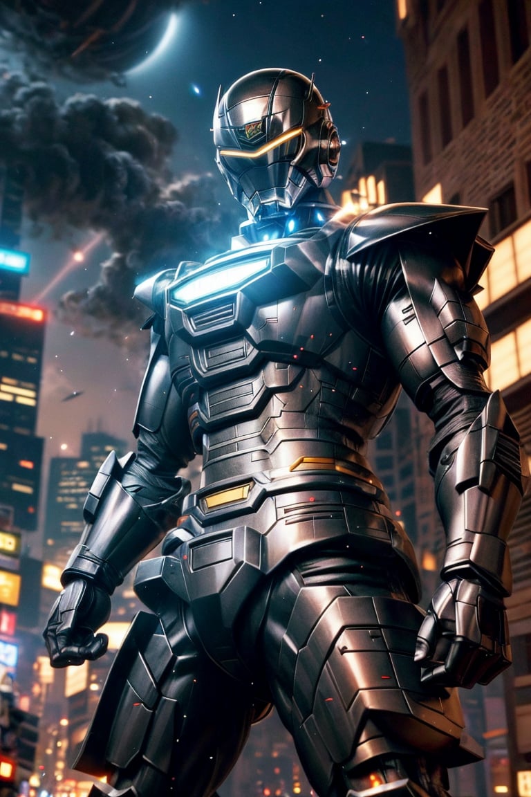 1man, silver color, black color,hyper HD, 4K, tokusatsu, His hyper-realistic appearance, captured in stunning 4K definition, leaves the crowd in awe. Witness the famous scenes of this mechanical marvel in action, as he defends against the darkness that threatens humanity, his hyper-detailed armor gleaming under the city lights.,mecha,uchukeiji