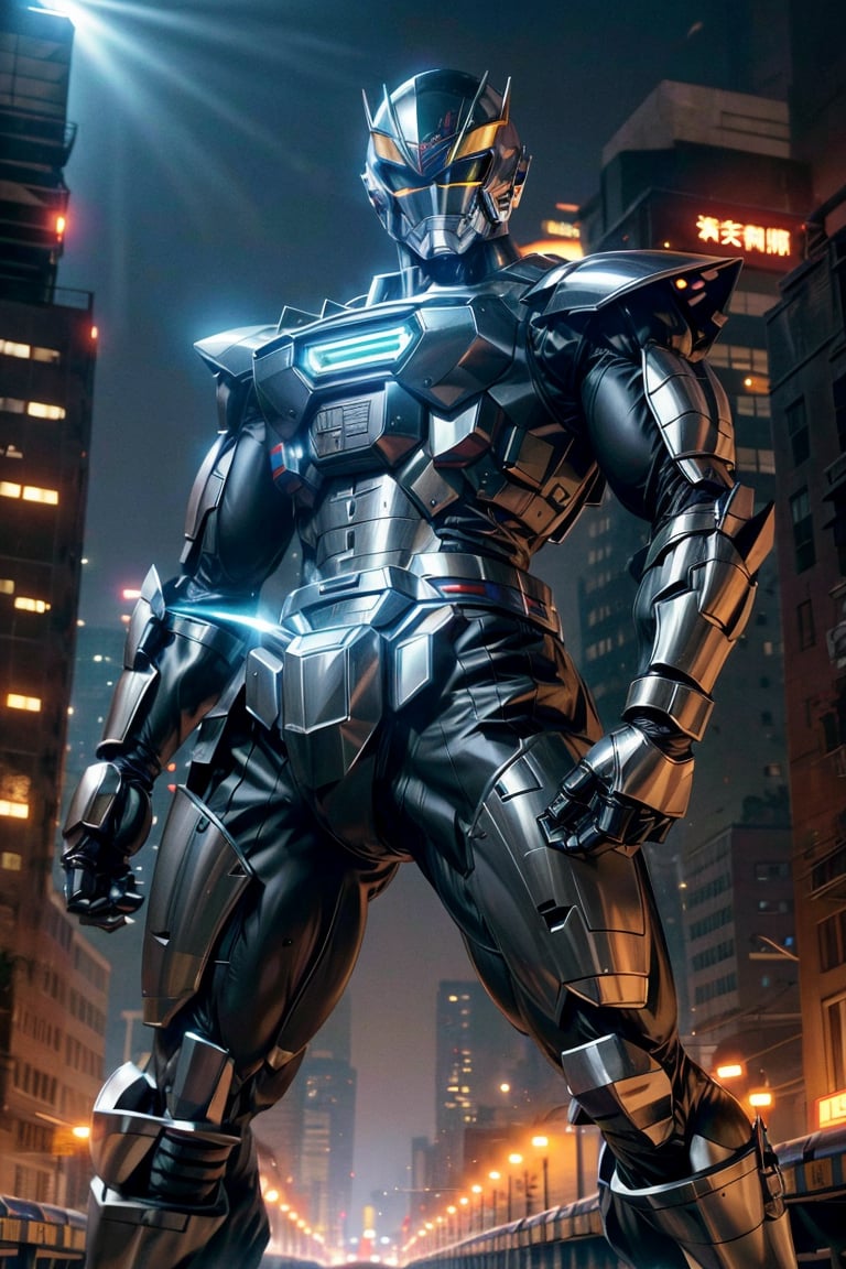 1man, silver color, black color,hyper HD, 4K, tokusatsu, His hyper-realistic appearance, captured in stunning 4K definition, leaves the crowd in awe. Witness the famous scenes of this mechanical marvel in action, as he defends against the darkness that threatens humanity, his hyper-detailed armor gleaming under the city lights.,mecha,uchukeiji