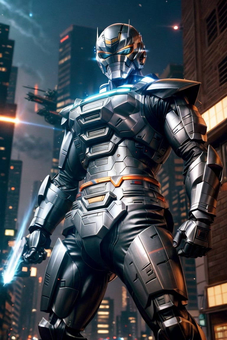 1man, silver color, black color,hyper HD, 4K, tokusatsu, His hyper-realistic appearance, captured in stunning 4K definition, leaves the crowd in awe. Witness the famous scenes of this mechanical marvel in action, as he defends against the darkness that threatens humanity, his hyper-detailed armor gleaming under the city lights.,mecha,uchukeiji