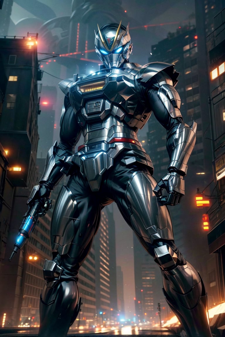 1man, silver color, black color,hyper HD, 4K, tokusatsu, His hyper-realistic appearance, captured in stunning 4K definition, leaves the crowd in awe. Witness the famous scenes of this mechanical marvel in action, as he defends against the darkness that threatens humanity, his hyper-detailed armor gleaming under the city lights.,mecha,uchukeiji