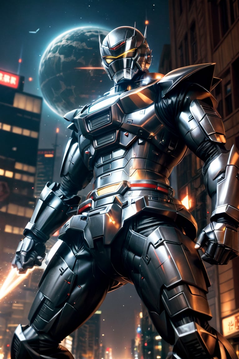 1man, silver color, black color,hyper HD, 4K, tokusatsu, His hyper-realistic appearance, captured in stunning 4K definition, leaves the crowd in awe. Witness the famous scenes of this mechanical marvel in action, as he defends against the darkness that threatens humanity, his hyper-detailed armor gleaming under the city lights.,mecha,uchukeiji