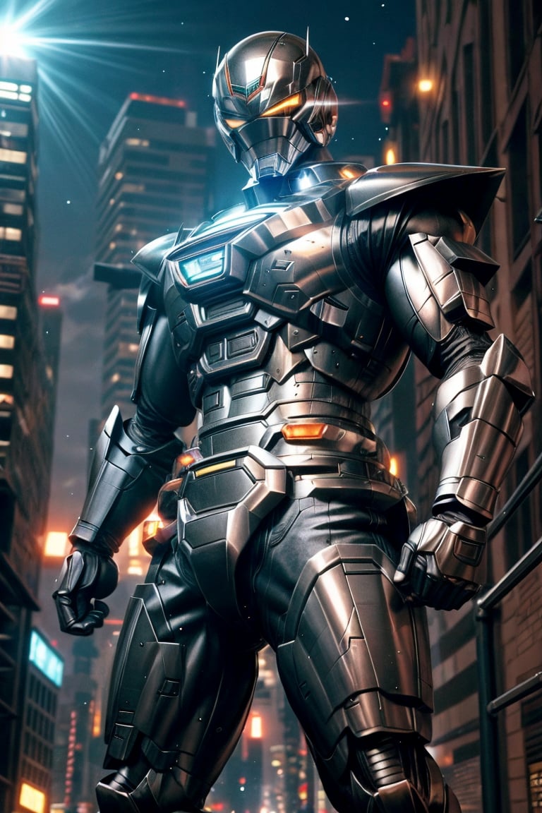 1man, silver color, black color,hyper HD, 4K, tokusatsu, His hyper-realistic appearance, captured in stunning 4K definition, leaves the crowd in awe. Witness the famous scenes of this mechanical marvel in action, as he defends against the darkness that threatens humanity, his hyper-detailed armor gleaming under the city lights.,mecha,uchukeiji