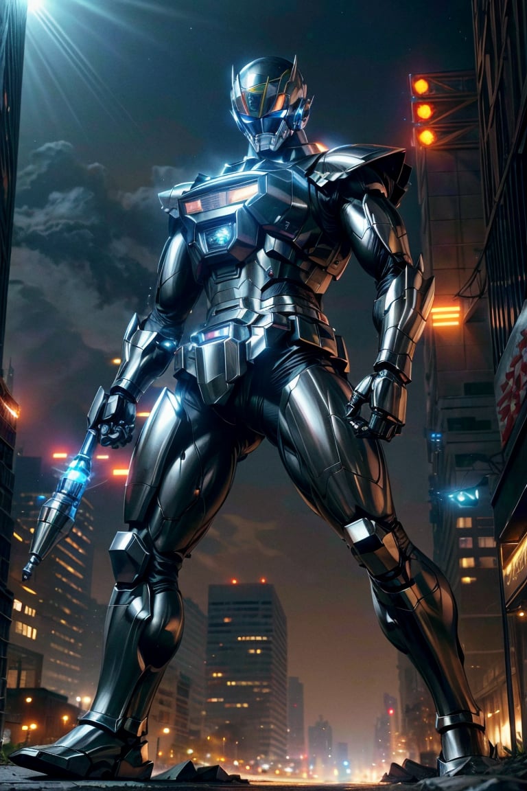 1man, silver color, black color,hyper HD, 4K, tokusatsu, His hyper-realistic appearance, captured in stunning 4K definition, leaves the crowd in awe. Witness the famous scenes of this mechanical marvel in action, as he defends against the darkness that threatens humanity, his hyper-detailed armor gleaming under the city lights.,mecha,uchukeiji