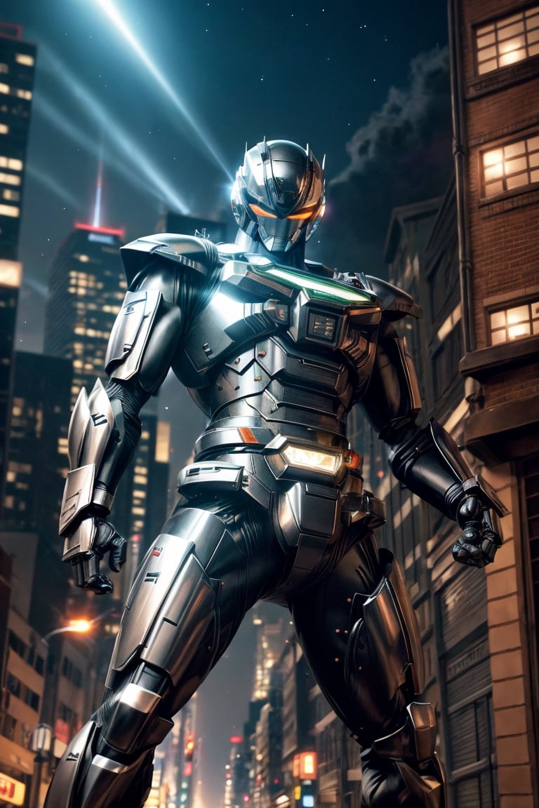 1man, silver color, black color,hyper HD, 4K, tokusatsu, His hyper-realistic appearance, captured in stunning 4K definition, leaves the crowd in awe. Witness the famous scenes of this mechanical marvel in action, as he defends against the darkness that threatens humanity, his hyper-detailed armor gleaming under the city lights.,mecha,uchukeiji