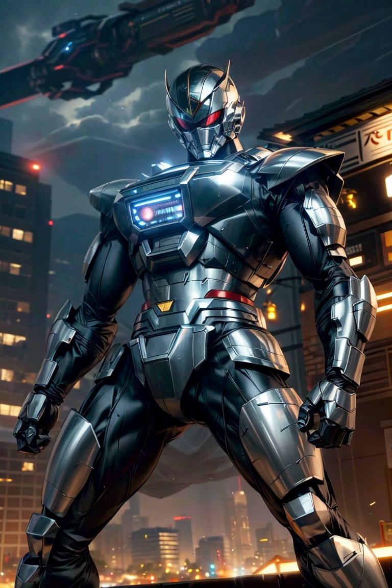 1man, silver color, black color,hyper HD, 4K, tokusatsu, His hyper-realistic appearance, captured in stunning 4K definition, leaves the crowd in awe. Witness the famous scenes of this mechanical marvel in action, as he defends against the darkness that threatens humanity, his hyper-detailed armor gleaming under the city lights.,mecha,uchukeiji