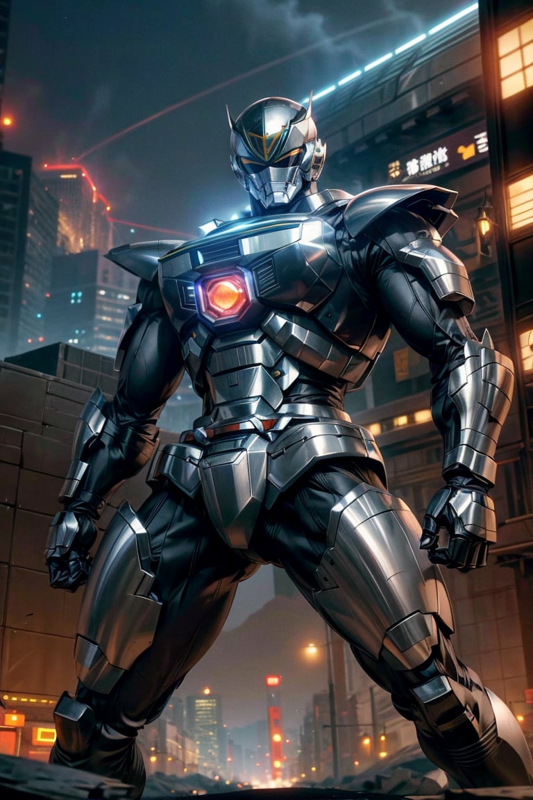 1man, silver color, black color,hyper HD, 4K, tokusatsu, His hyper-realistic appearance, captured in stunning 4K definition, leaves the crowd in awe. Witness the famous scenes of this mechanical marvel in action, as he defends against the darkness that threatens humanity, his hyper-detailed armor gleaming under the city lights.,mecha,uchukeiji