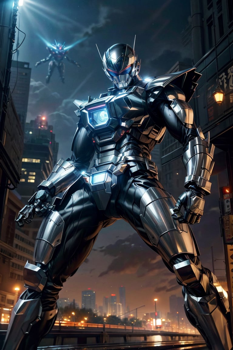 1man, silver color, black color,hyper HD, 4K, tokusatsu, His hyper-realistic appearance, captured in stunning 4K definition, leaves the crowd in awe. Witness the famous scenes of this mechanical marvel in action, as he defends against the darkness that threatens humanity, his hyper-detailed armor gleaming under the city lights.,mecha,uchukeiji