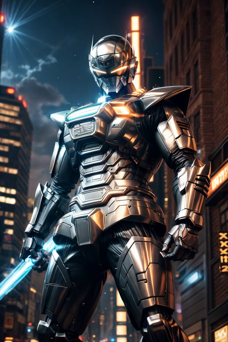 1man, silver color, black color,hyper HD, 4K, tokusatsu, His hyper-realistic appearance, captured in stunning 4K definition, leaves the crowd in awe. Witness the famous scenes of this mechanical marvel in action, as he defends against the darkness that threatens humanity, his hyper-detailed armor gleaming under the city lights.,mecha,uchukeiji