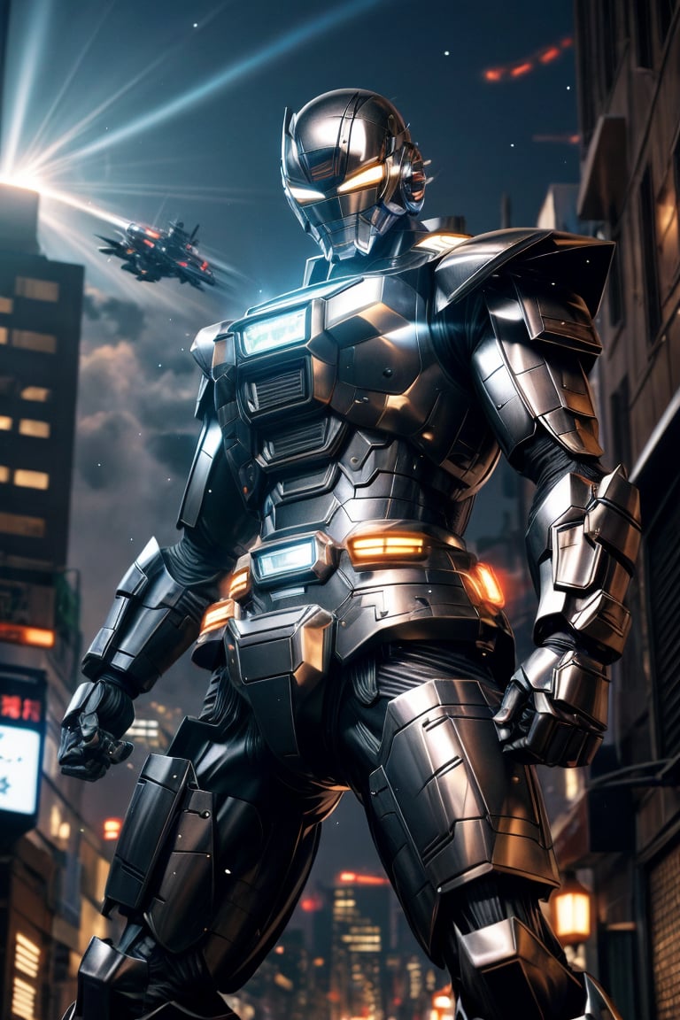 1man, silver color, black color,hyper HD, 4K, tokusatsu, His hyper-realistic appearance, captured in stunning 4K definition, leaves the crowd in awe. Witness the famous scenes of this mechanical marvel in action, as he defends against the darkness that threatens humanity, his hyper-detailed armor gleaming under the city lights.,mecha,uchukeiji