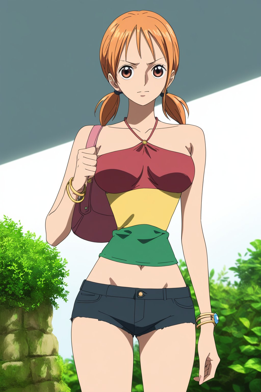 score_9, score_8_up, score_7_up, score_6_up, score_5_up, score_4_up, BREAK, source_anime,,nami-v1,twintails,midriff,shorts