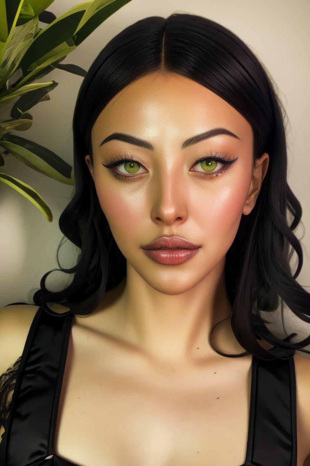 Best quality, Masterpiece, Ultra High Resolution, (Fidelity:1.2), (Realistic:1.3), 1woman, mature Egyptian woman, green eyes, black hair flaps, portrait, solo, upper body, looking at viewer, detailed background, detailed face, ancient Egyptian theme, feral jungle warrior, pink tribal clothing, obsidian, defensive stance, stone knife, bushes, poisonous plants, rocks,  humid climate, darkness, cinematic atmosphere,
dark chamber, dim light (zentangle, mandala, tangle, entangle), (golden and green tone:0.5)
(35mmstyle:1.1), front, masterpiece, 1970s film, cinematic lighting, photo-realistic, high frequency details, 35mm film, (film grain), film noise,Shiny_skin,egyptian