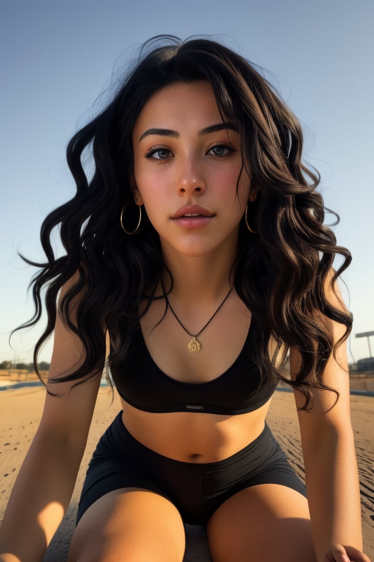 background is stadium,
18 yo, 1 girl, beautiful trans girl, running, wearing leggings(short), 
solo, {beautiful and detailed eyes}, dark eyes, calm expression, delicate facial features, ((model pose)), Glamor body type, (dark hair:1.2),very_long_hair, hair past hip,curly hair,bangs,
simple tiny necklace,simple tiny earrings, flim grain, realhands, masterpiece, Best Quality, 16k, photorealistic, ultra-detailed, finely detailed, high resolution, perfect dynamic composition, beautiful detailed eyes, eye smile, ((nervous and embarrassed)), sharp-focus, full_body, cowboy_shot,midjourney