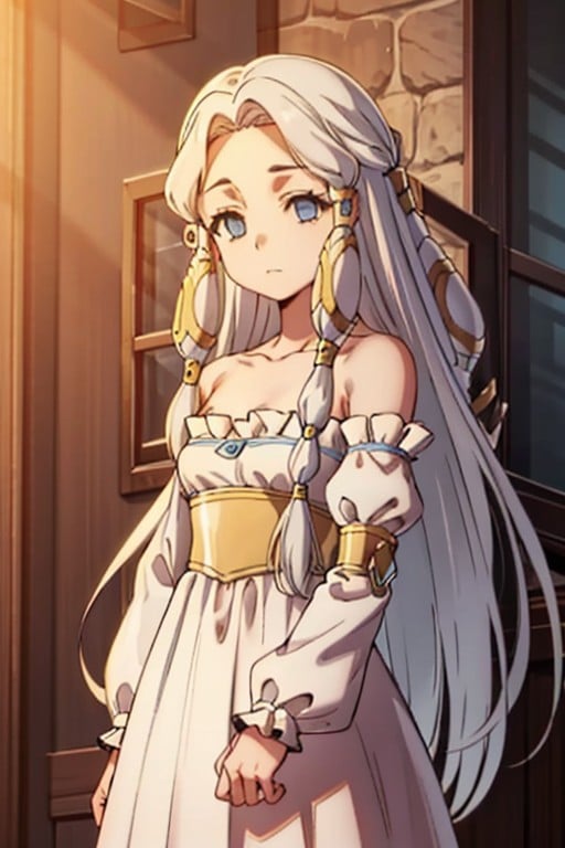 (masterpiece), best quality, expressive eyes, perfect face, curte, white hair, blue eyes, empty eyes, hair ornament, long hair, very long hair, hair tubes, earrings, small breasts, dress, white dress, bare shoulders, collarbone, long sleeves, puffy sleeves, solo, looking at viewer, standing, <lora:c4c950c1-f703-44b3-81aa-4241df600b55:0.7>