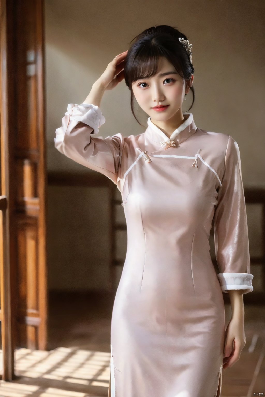 (global illumination, reality,ray tracing, HDR, unreal rendering, reasonable design, high detail, masterpiece,best quality, ultra high definition, movie lighting),
1girl,outdoor,looking_at_viewer,side_blunt_bangs,china_dress,chinese_style,big breasts,pose,solo,1girl,black hair,black eyes, ,xieshi, qipao