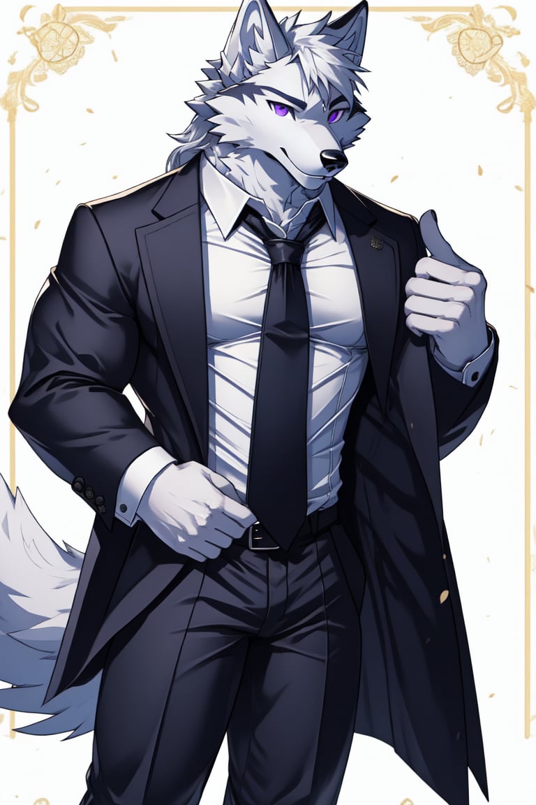 good_anatomy solo, long hair,shirt, 1boy, animal ears, wolf_ears, purple eyes,tail, white hair, male focus, cowboy shot,open clothes, necktie,collared shirt,pants, white gloves, vest, coat, muscular, formal,suit,wolf tail, furry, white pants, furry male, white fur, white vest, white suit, wolf boy, lace-up_boots, full_body