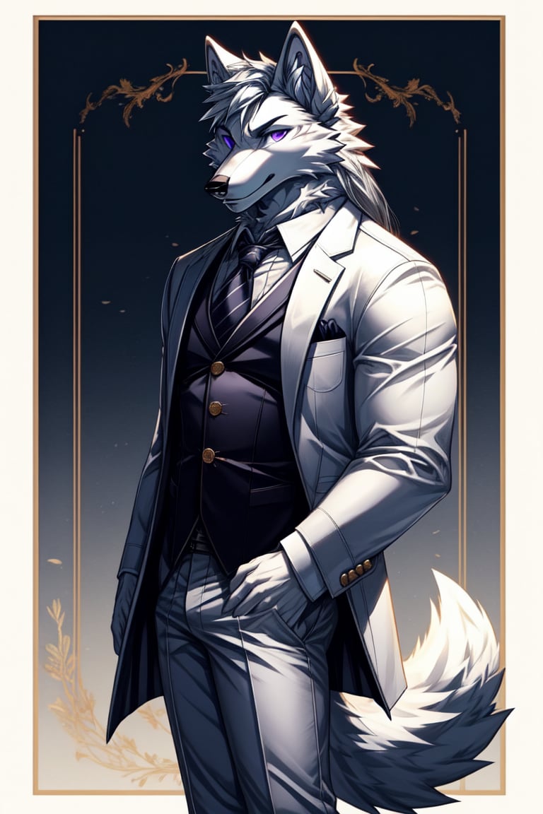 good_anatomy solo, long hair,shirt, 1boy, animal ears, wolf_ears, purple eyes,tail, white hair, male focus, cowboy shot,open clothes, necktie,collared shirt,pants, white gloves, vest, coat, formal,suit,wolf tail, furry, white pants, furry male, white fur, white vest, white suit, wolf boy, lace-up_boots, full_body