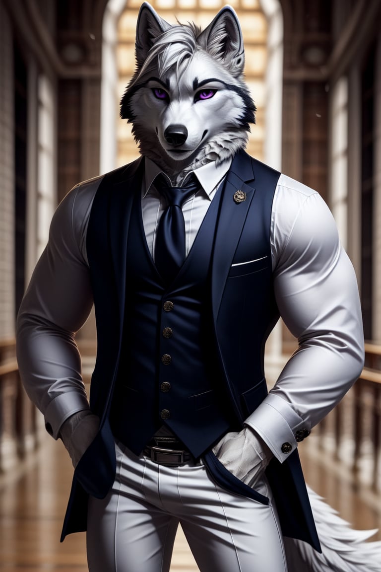 good_anatomy solo, long hair,shirt, 1boy, animal ears, wolf_ears, purple eyes,tail, white hair, male focus, cowboy shot,open clothes, necktie,collared shirt,pants, white gloves, vest, coat, muscular, formal,suit,wolf tail, furry, white pants, furry male, white fur, white vest, white suit, wolf boy, lace-up_boots, full_body