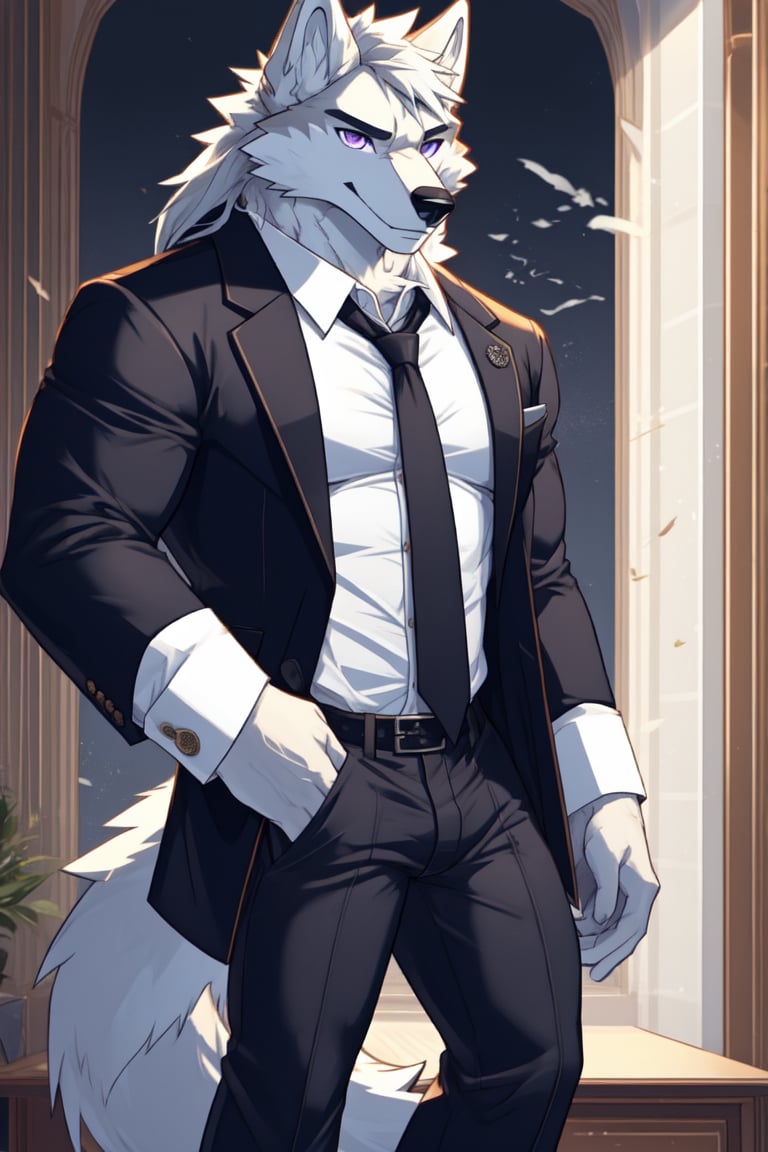 good_anatomy solo, long hair,shirt, 1boy, animal ears, wolf_ears, purple eyes,tail, white hair, male focus, cowboy shot,open clothes, necktie,collared shirt,pants, white gloves, vest, coat, formal,suit,wolf tail, furry, white pants, furry male, white fur, white vest, white suit, wolf boy, lace-up_boots, full_body