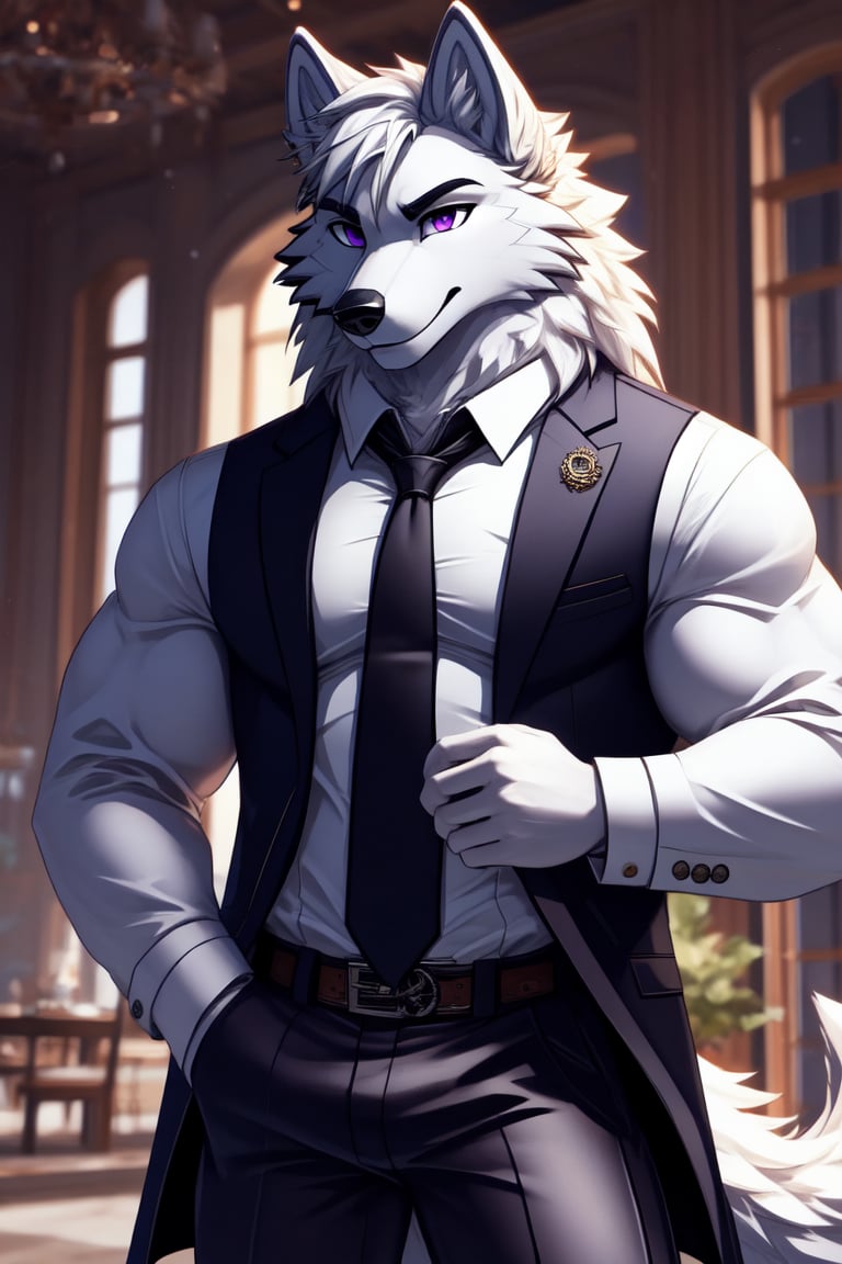 good_anatomy solo, long hair,shirt, 1boy, animal ears, wolf_ears, purple eyes, jacket, tail, white hair, male focus, cowboy shot,open clothes, necktie,collared shirt,pants, white gloves, vest, coat, muscular, formal,suit,wolf tail, furry, white pants, furry male, white fur, white vest, white suit, wolf boy, lace-up_boots, full_body