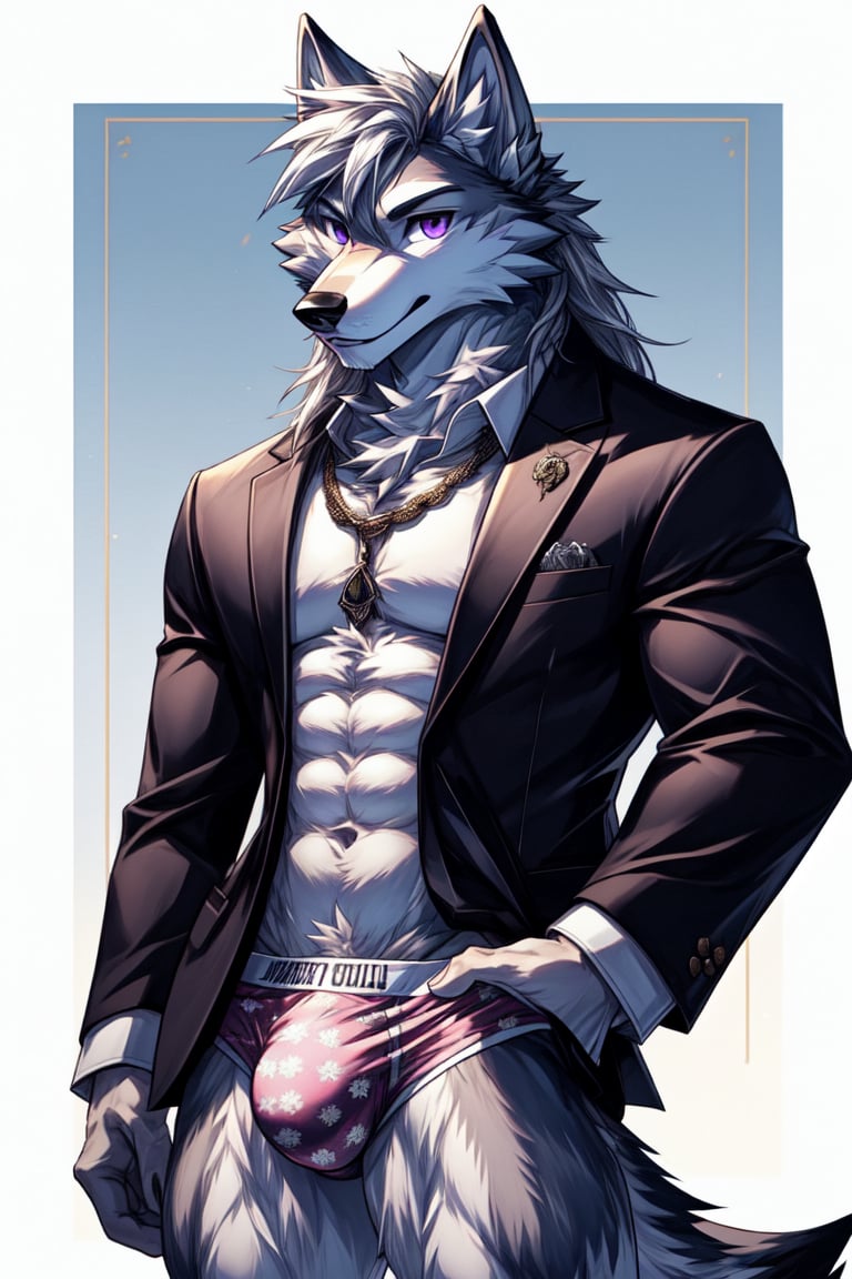 good_anatomy solo, long hair, animal ears, wolf_ears, purple eyes,tail, white hair, male focus,suit,wolf tail, furry, furry male, white fur, wolf boy, full_body, underwear, underwear_only, purple_boxers