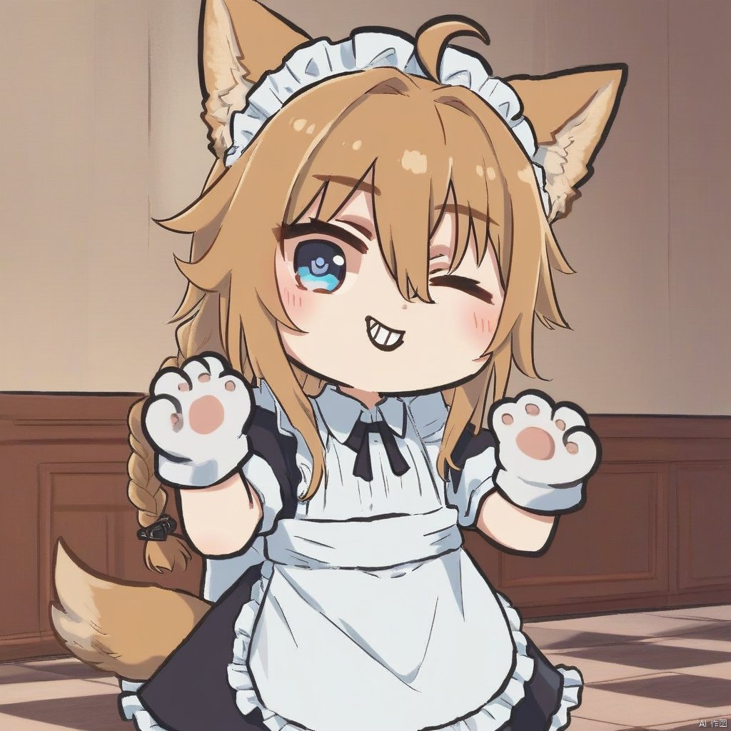 chibi, score_9,score_8_up,score_7_up,,1girl,solo,bangs,blush,smile,looking at viewer,ahoge,animal ear fluff,animal ears,animal hands,apron,blonde hair,blue eyes,braid,chibi,closed mouth,dog ears,dog tail,dress,enmaided,frilled apron,frilled dress,frills,gloves,hair between eyes,hands up,long hair,maid,maid apron,maid headdress,one eye closed,puffy short sleeves,puffy sleeves,short sleeves,tail,teeth,waist apron,white apron,white gloves