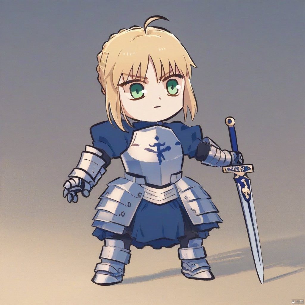 chibi, score_9,score_8_up,score_7_up, 1girl, artoria pendragon \(fate\), solo, saber, blonde hair, weapon, holding sword, armor, ahoge, green eyes, dress, armored dress, gauntlets, excalibur \(fate/stay night\)