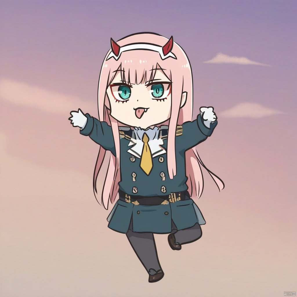 chibi, 1girl, aqua_background, aqua_eyes, blue_background, buttons, double-breasted, fangs, green_eyes, hairband, horns, long_hair, looking_at_viewer, military, military_uniform, necktie, pink_hair, sky, solo, tongue, tongue_out, uniform, white_hairband, zero_two_\(darling_in_the_franxx\)