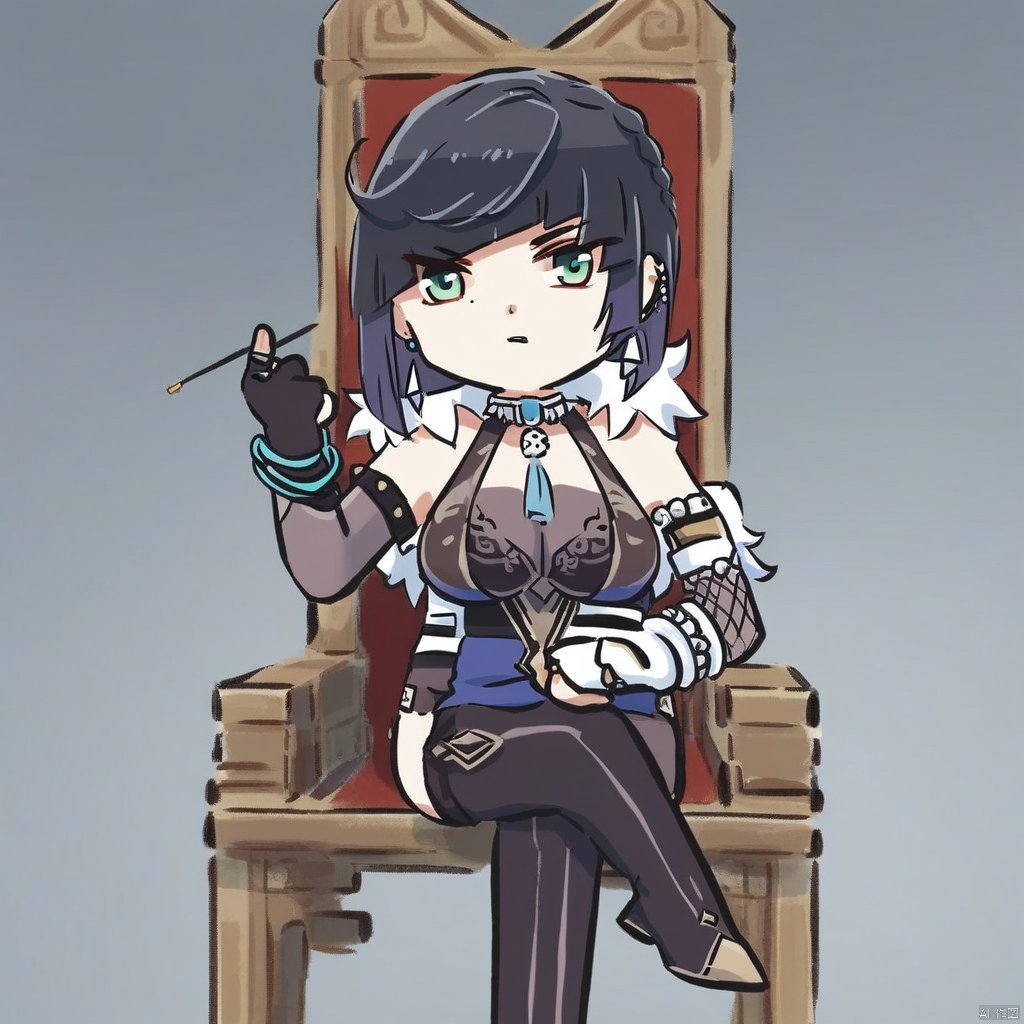 chibi,score_9,score_8_up,score_7_up, A-style, 1girl, yelan_(genshin_impact), solo, diagonal_bangs, sitting, breasts, gloves, bracelet, jewelry, crossed_legs, short_hair, fingerless_gloves, looking_at_viewer, bob_cut, thread, fur_trim, asymmetrical_gloves, bare_shoulders, blue_hair, string, elbow_gloves, earrings, yellow_eyes, black_hair, sleeveless, cleavage, black_gloves, multicolored_hair, thighhighs, medium_breasts, blunt_bangs, mole, mole_on_breast, large_breasts, mismatched_gloves, flower, throne, makeup, choker, tassel, bangle,source_furry