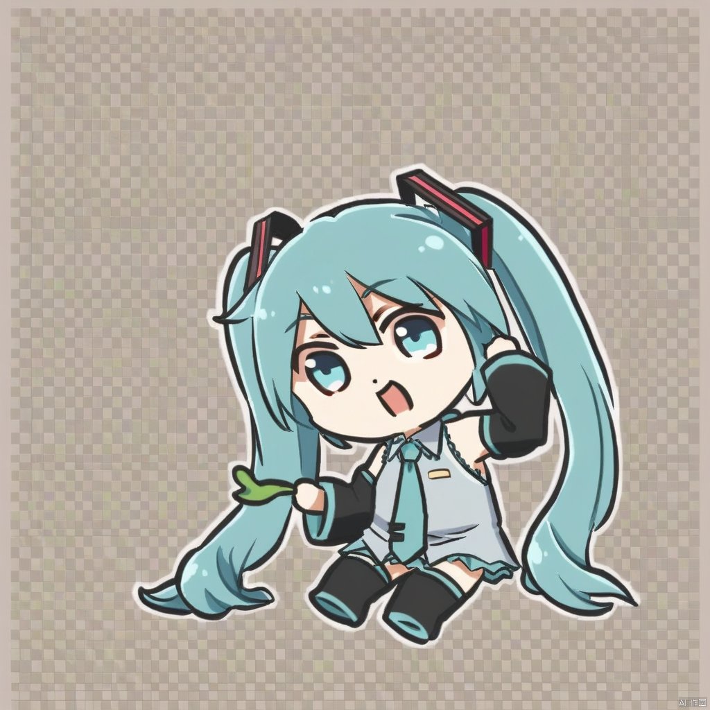 chibi,1girl, solo, hatsune miku, long hair, twintails, spring onion, chibi, necktie, aqua hair, detached sleeves, thighhighs, skirt, very long hair, o_o