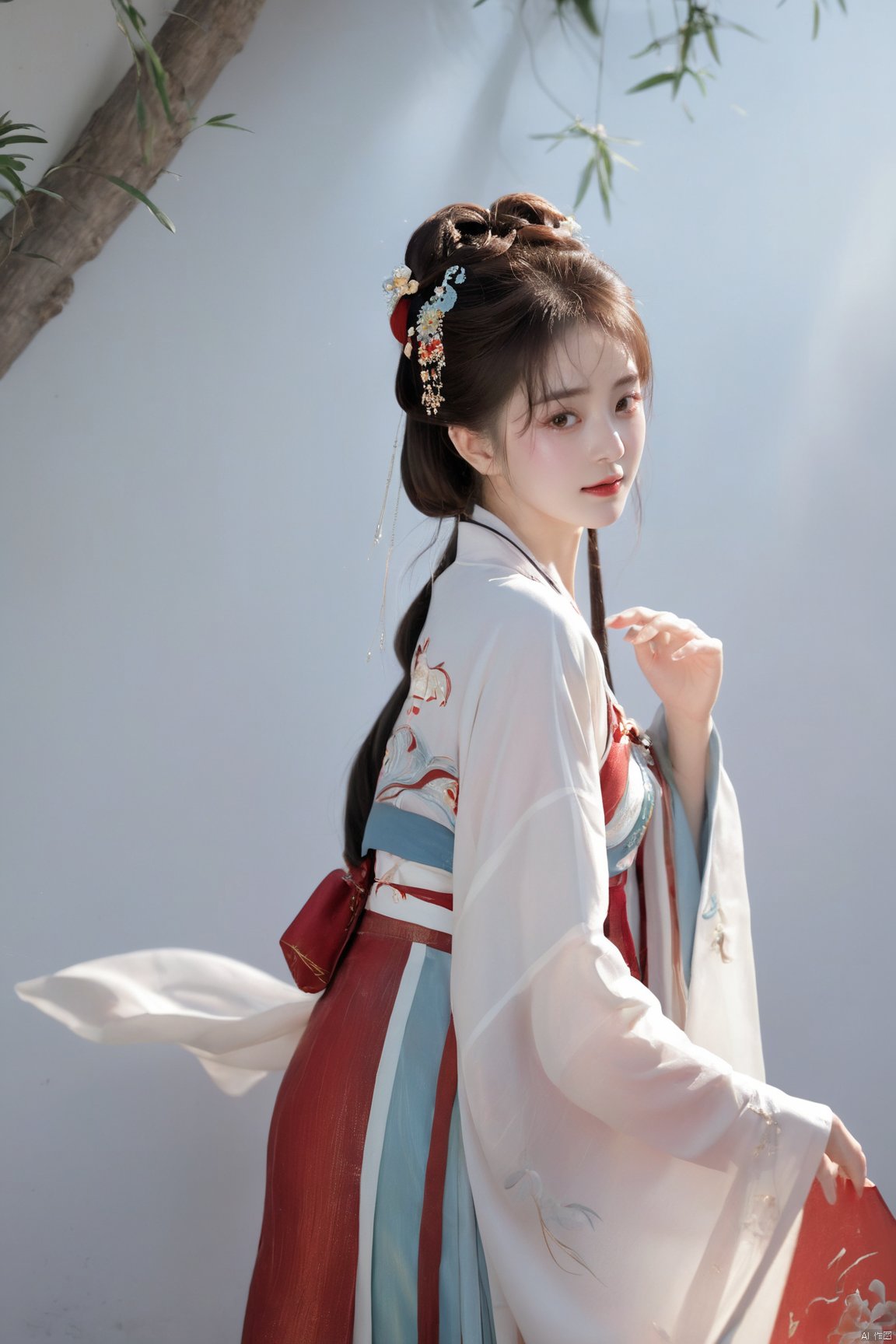  (masterpiece, top quality, best quality, official art, beautiful and aesthetic:1.2),gf-hd, 1girl, solo, hair ornament, jewelry,hanfu dress, red dress, earrings, chinese clothes, brown hair, ribbon, hanfu, red ribbon, shawl, song_hanfu,(big breasts:1.89), ,(full breasts:1.89),monkren, tang_hanfu