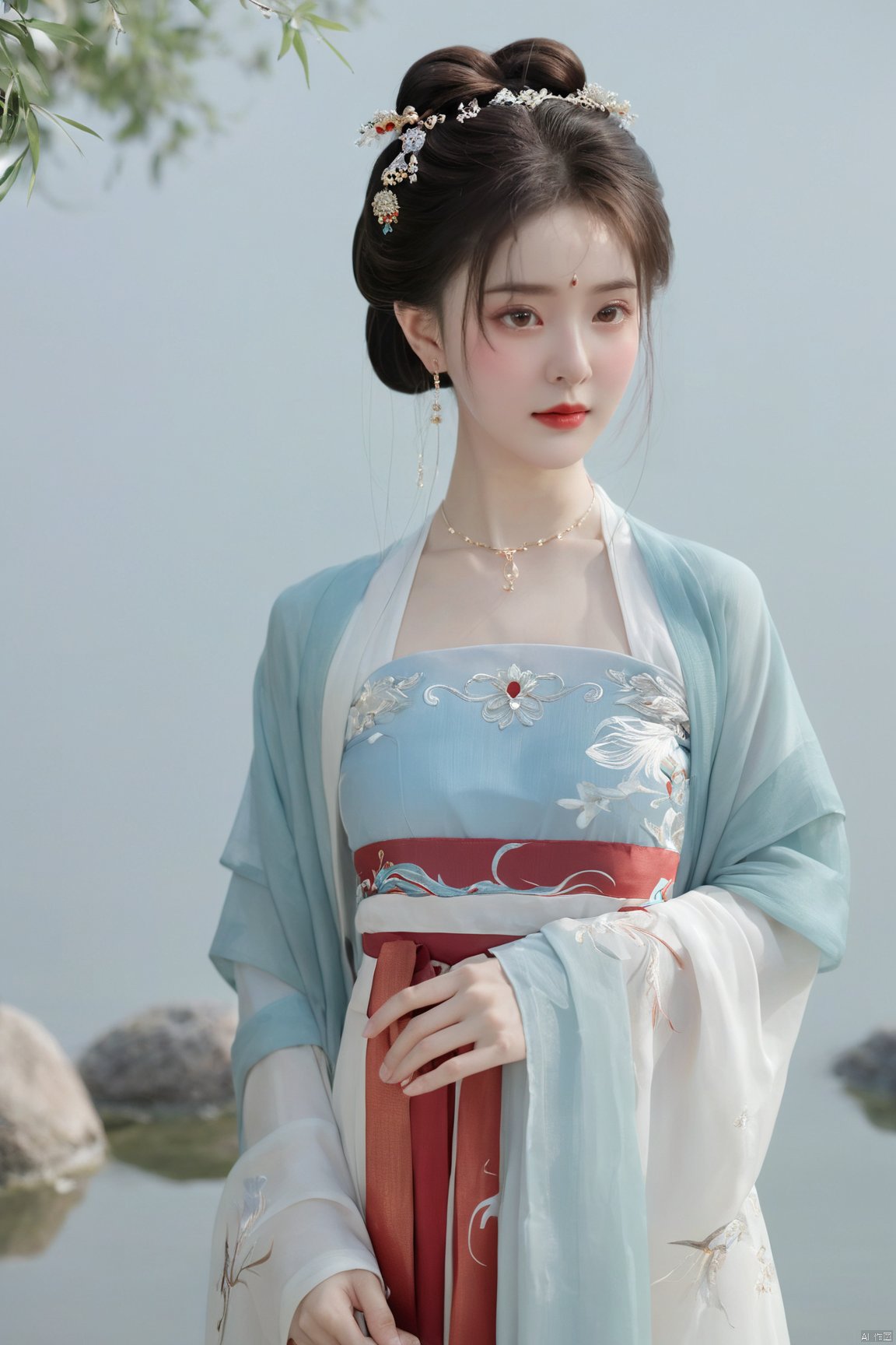  (masterpiece, top quality, best quality, official art, beautiful and aesthetic:1.2),gf-hd, 1girl, solo, hair ornament, jewelry,hanfu dress, red dress, earrings, chinese clothes, brown hair, ribbon, hanfu, red ribbon, shawl, song_hanfu,(big breasts:1.59), monkren, tang_hanfu