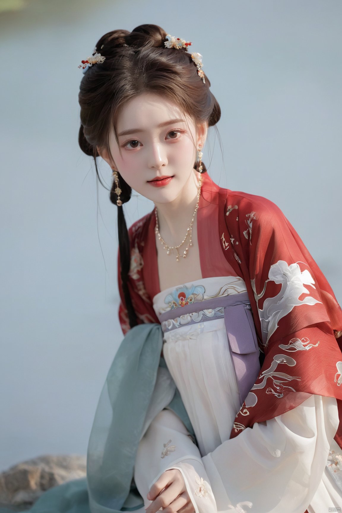  (masterpiece, top quality, best quality, official art, beautiful and aesthetic:1.2),gf-hd, 1girl, solo, hair ornament, jewelry,hanfu dress, red dress, earrings, chinese clothes, brown hair, ribbon, hanfu, red ribbon, shawl, song_hanfu,(big breasts:1.59), monkren, tang_hanfu