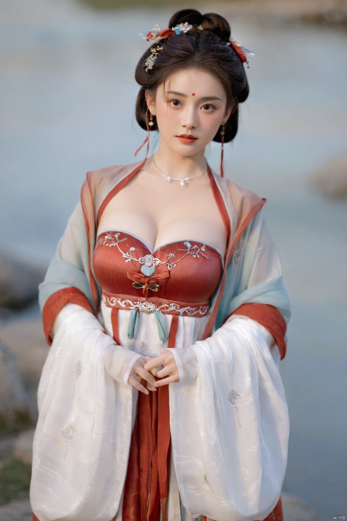  (masterpiece, top quality, best quality, official art, beautiful and aesthetic:1.2),gf-hd, 1girl, solo, hair ornament, jewelry,hanfu dress, red dress, earrings, chinese clothes, brown hair, ribbon, hanfu, red ribbon, shawl, song_hanfu,(big breasts:1.59), monkren, tang_hanfu