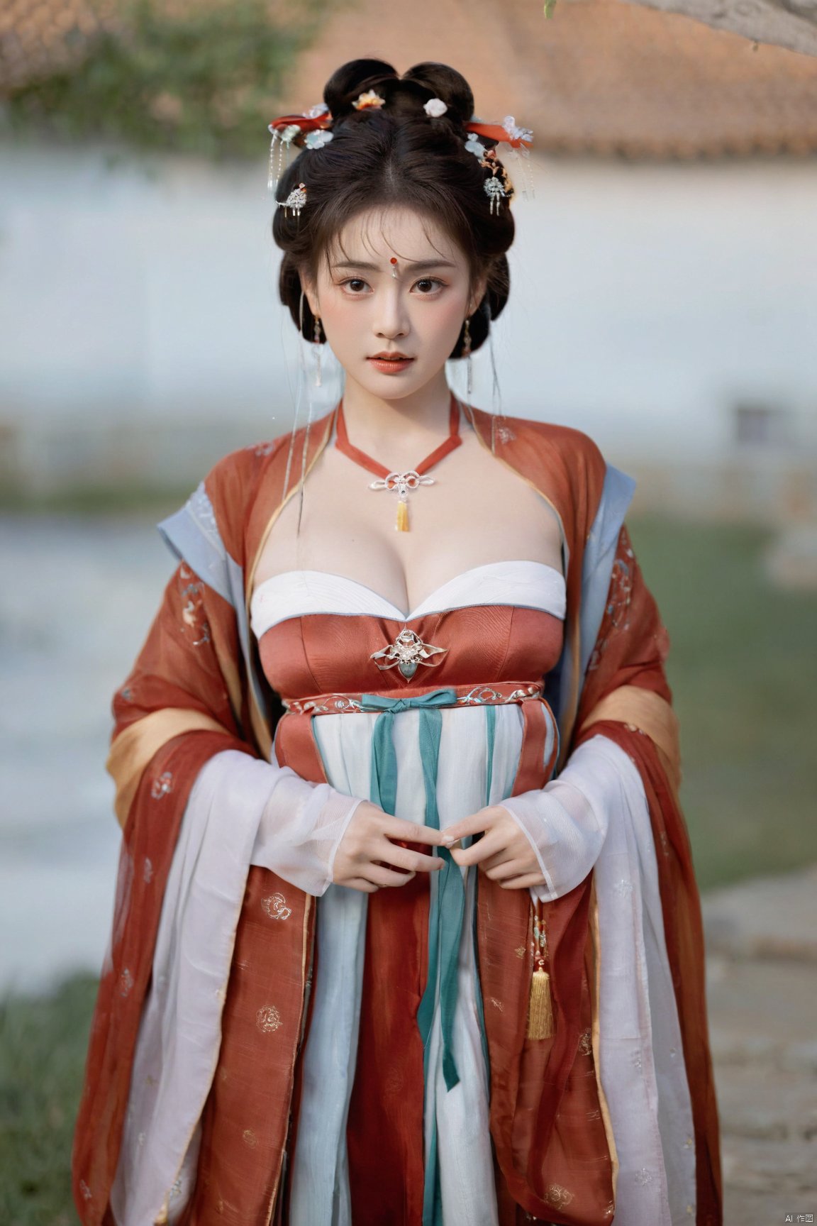  (masterpiece, top quality, best quality, official art, beautiful and aesthetic:1.2),gf-hd, 1girl, solo, hair ornament, jewelry,hanfu dress, red dress, earrings, chinese clothes, brown hair, ribbon, hanfu, red ribbon, shawl, song_hanfu,(big breasts:1.59), monkren, tang_hanfu