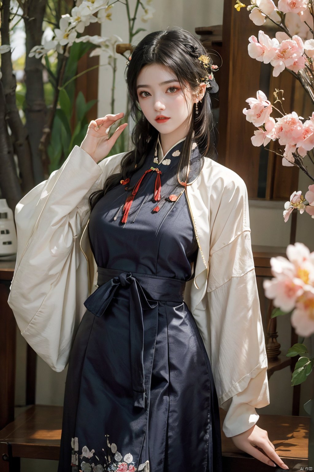 ming_hanfu,1girl,(spring,flowers:1.2),looking_at_viewer,,(big breasts:1.29), hanfu