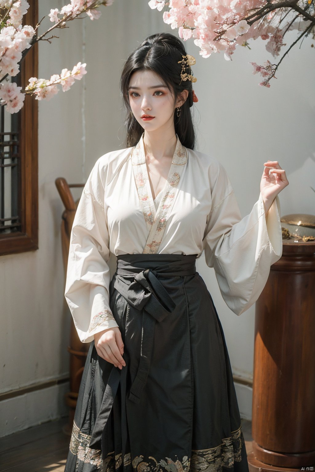 ming_hanfu,1girl,(spring,flowers:1.2),looking_at_viewer,,(big breasts:1.29), hanfu, QIEMANCN, gufeng