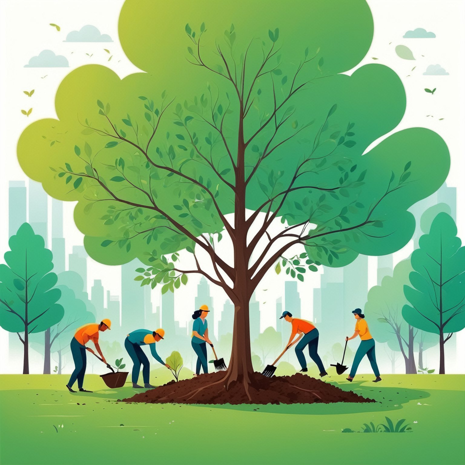 (best quality,8K,highres,masterpiece), ultra-detailed, tree planting, vector illustration, a group of people planting trees in a park with a man and woman in the background
