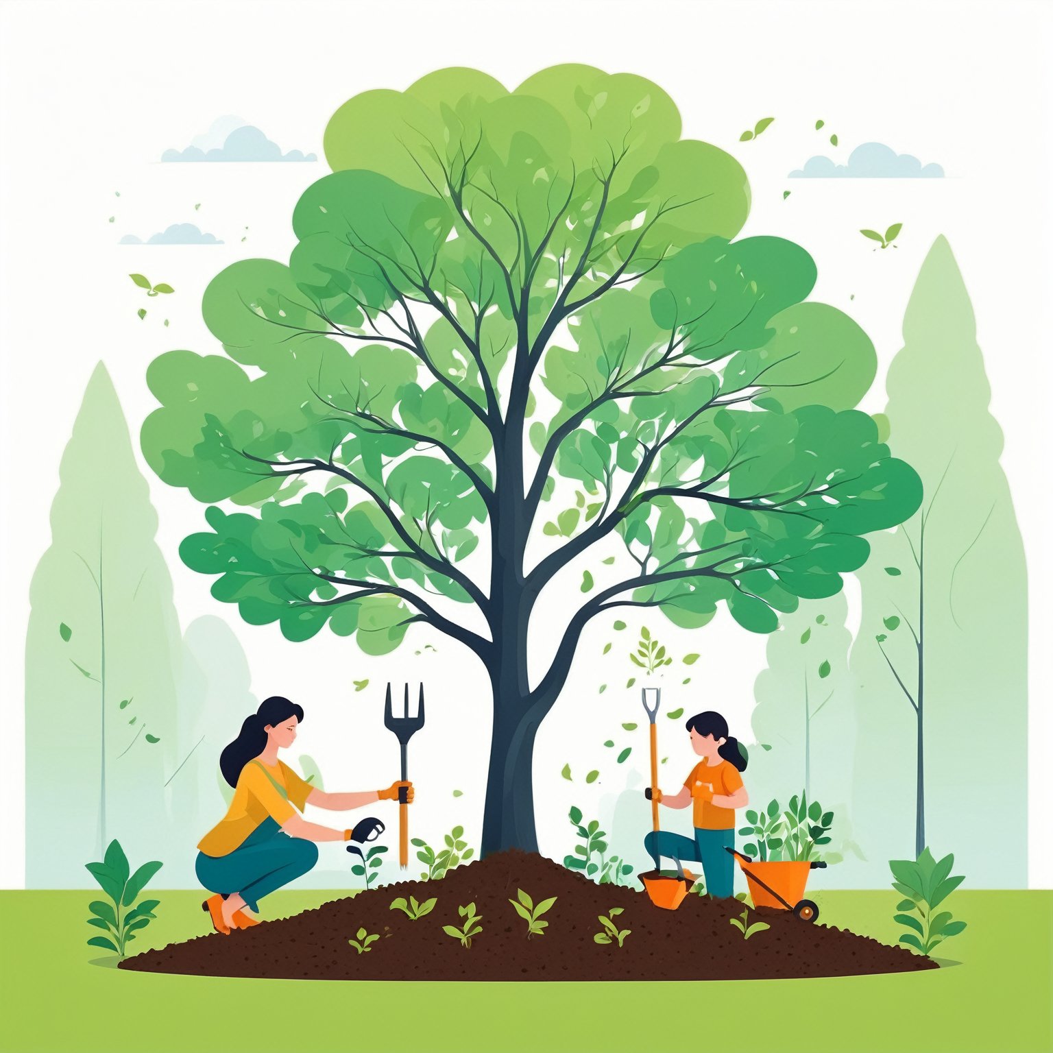 (best quality,8K,highres,masterpiece), ultra-detailed, tree planting, vector illustration, a woman and a child are planting a tree together in the yard with gardening tools