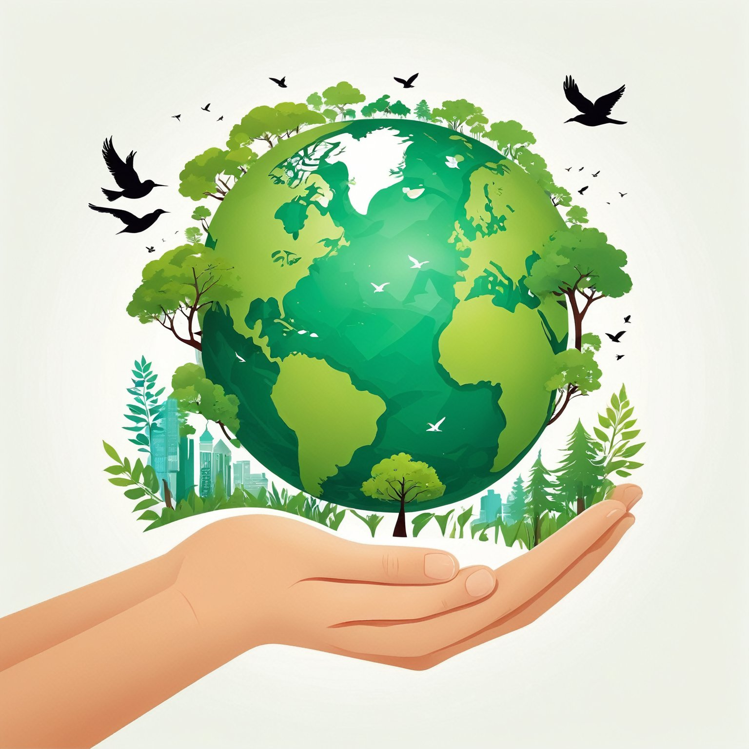 (best quality,8K,highres,masterpiece), ultra-detailed, tree planting, vector illustration, hands holding a green earth globe with trees and birds flying around it, white background