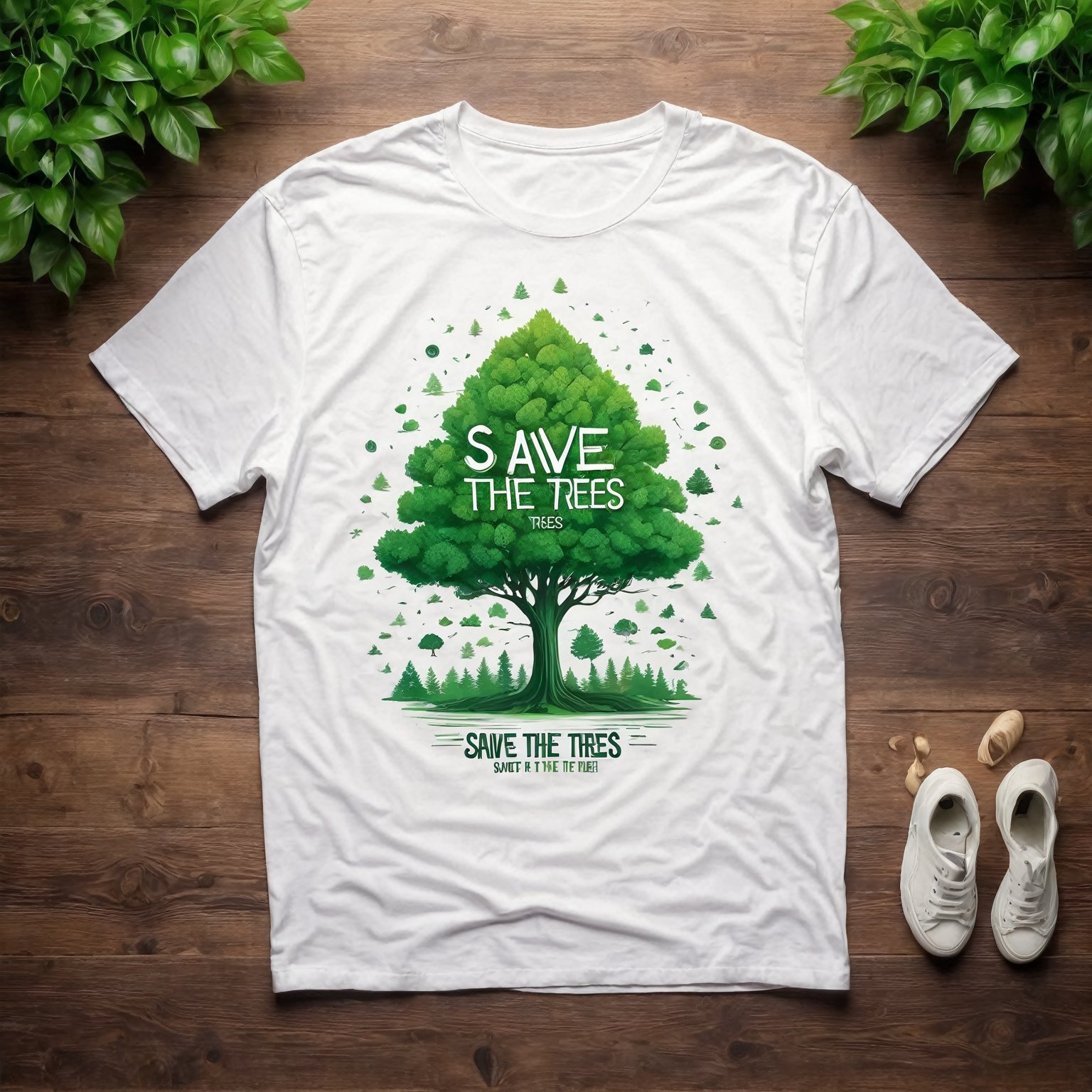 (best quality,8K,highres,masterpiece), ultra-detailed, tree planting, vector illustration, a white shirt with green trees and the words (save the trees) on it's front