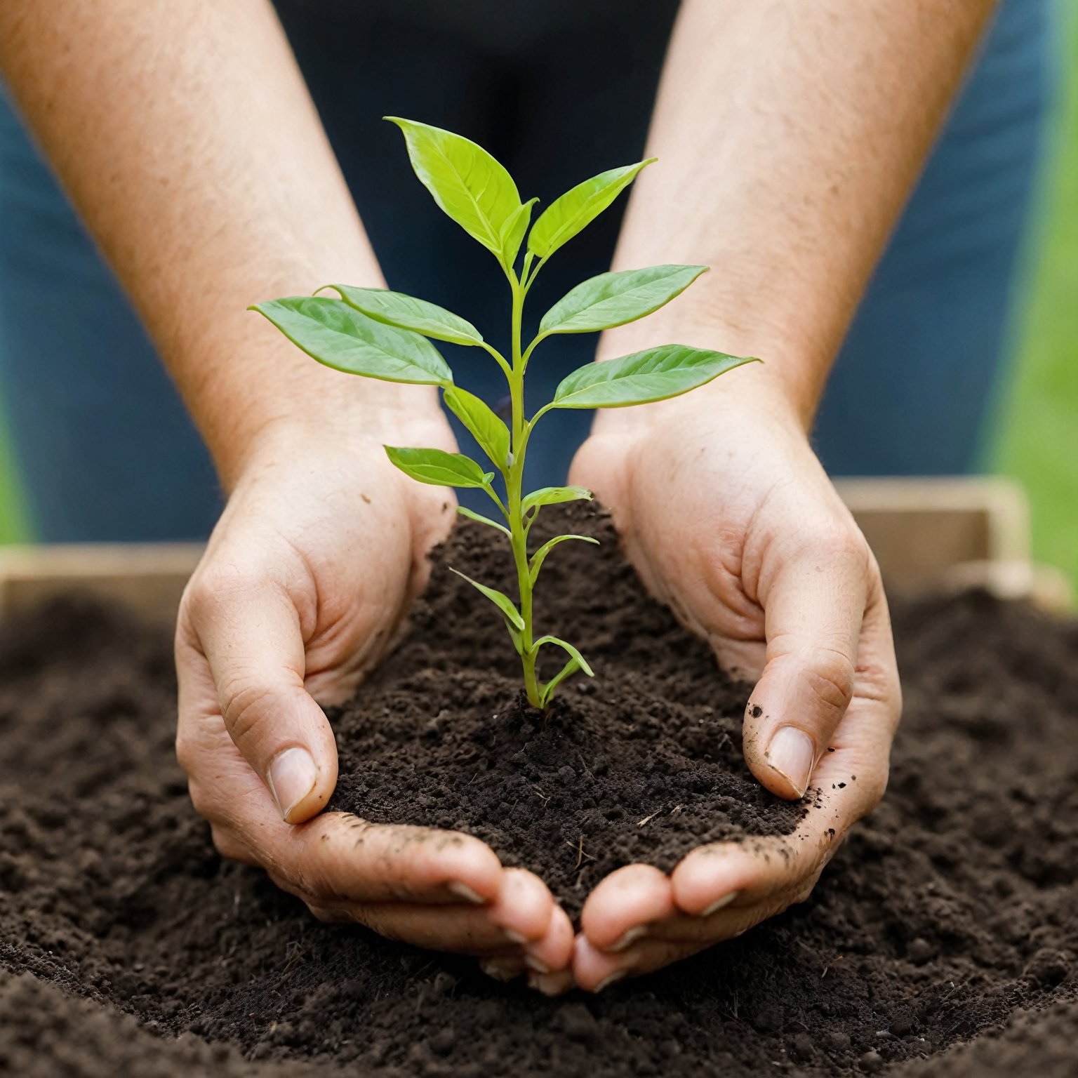 (best quality,8K,highres,masterpiece), ultra-detailed, tree planting, a person holding a small plant in their hands in the dirt, with a green background